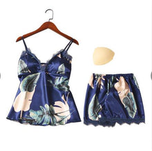 Load image into Gallery viewer, QWEEK Sleep Lounge Pajama Set Sexy Satin Sleepwear Women Summer Pyjama Femme Fashion Flower Pajamas for Women with Chest Pad