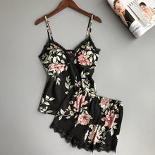 Load image into Gallery viewer, QWEEK Sleep Lounge Pajama Set Sexy Satin Sleepwear Women Summer Pyjama Femme Fashion Flower Pajamas for Women with Chest Pad