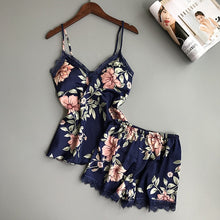 Load image into Gallery viewer, QWEEK Sleep Lounge Pajama Set Sexy Satin Sleepwear Women Summer Pyjama Femme Fashion Flower Pajamas for Women with Chest Pad
