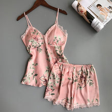 Load image into Gallery viewer, QWEEK Sleep Lounge Pajama Set Sexy Satin Sleepwear Women Summer Pyjama Femme Fashion Flower Pajamas for Women with Chest Pad