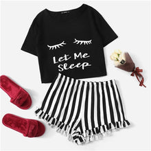 Load image into Gallery viewer, SHEIN Black Graphic Tee Frilled Striped Shorts PJ Round Neck Short Sleeve Set 2019 Summer Women Patchwork Sleepwear