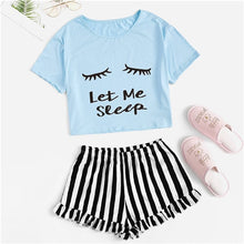 Load image into Gallery viewer, SHEIN Black Graphic Tee Frilled Striped Shorts PJ Round Neck Short Sleeve Set 2019 Summer Women Patchwork Sleepwear