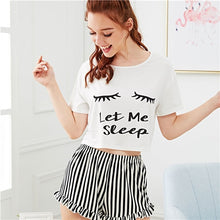 Load image into Gallery viewer, SHEIN Black Graphic Tee Frilled Striped Shorts PJ Round Neck Short Sleeve Set 2019 Summer Women Patchwork Sleepwear