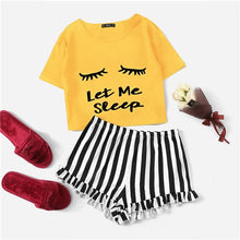 Load image into Gallery viewer, SHEIN Black Graphic Tee Frilled Striped Shorts PJ Round Neck Short Sleeve Set 2019 Summer Women Patchwork Sleepwear