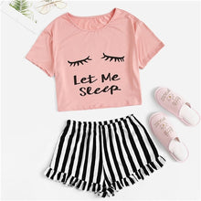 Load image into Gallery viewer, SHEIN Black Graphic Tee Frilled Striped Shorts PJ Round Neck Short Sleeve Set 2019 Summer Women Patchwork Sleepwear
