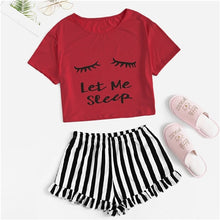 Load image into Gallery viewer, SHEIN Black Graphic Tee Frilled Striped Shorts PJ Round Neck Short Sleeve Set 2019 Summer Women Patchwork Sleepwear