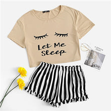 Load image into Gallery viewer, SHEIN Black Graphic Tee Frilled Striped Shorts PJ Round Neck Short Sleeve Set 2019 Summer Women Patchwork Sleepwear