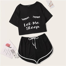 Load image into Gallery viewer, SHEIN Black Graphic Tee Frilled Striped Shorts PJ Round Neck Short Sleeve Set 2019 Summer Women Patchwork Sleepwear