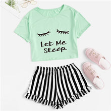 Load image into Gallery viewer, SHEIN Black Graphic Tee Frilled Striped Shorts PJ Round Neck Short Sleeve Set 2019 Summer Women Patchwork Sleepwear