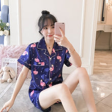 Load image into Gallery viewer, 2019 Summer Women's Pajamas Sets with Flower Print Fashion Luxury Female Faux Silk Two Pieces Shirts + Pants Nighties Sleepwear