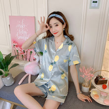 Load image into Gallery viewer, 2019 Summer Women's Pajamas Sets with Flower Print Fashion Luxury Female Faux Silk Two Pieces Shirts + Pants Nighties Sleepwear