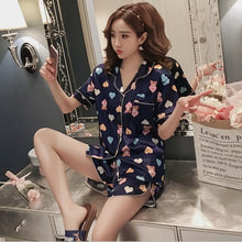 Load image into Gallery viewer, 2019 Summer Women's Pajamas Sets with Flower Print Fashion Luxury Female Faux Silk Two Pieces Shirts + Pants Nighties Sleepwear
