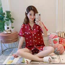 Load image into Gallery viewer, 2019 Summer Women's Pajamas Sets with Flower Print Fashion Luxury Female Faux Silk Two Pieces Shirts + Pants Nighties Sleepwear