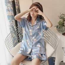 Load image into Gallery viewer, 2019 Summer Women's Pajamas Sets with Flower Print Fashion Luxury Female Faux Silk Two Pieces Shirts + Pants Nighties Sleepwear