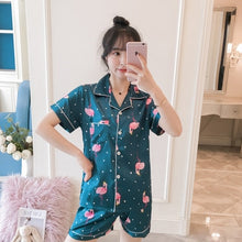 Load image into Gallery viewer, 2019 Summer Women's Pajamas Sets with Flower Print Fashion Luxury Female Faux Silk Two Pieces Shirts + Pants Nighties Sleepwear