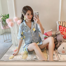 Load image into Gallery viewer, 2019 Summer Women's Pajamas Sets with Flower Print Fashion Luxury Female Faux Silk Two Pieces Shirts + Pants Nighties Sleepwear