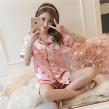 Load image into Gallery viewer, 2019 Summer Women's Pajamas Sets with Flower Print Fashion Luxury Female Faux Silk Two Pieces Shirts + Pants Nighties Sleepwear