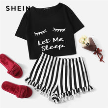 Load image into Gallery viewer, SHEIN Black Graphic Tee Frilled Striped Shorts PJ Round Neck Short Sleeve Set 2019 Summer Women Patchwork Sleepwear